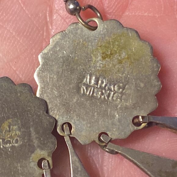 Vintage Signed ALPACA MEXICO Red Round w/Abalone Inlay Earrings Teardrop Dangles - Picture 9 of 10